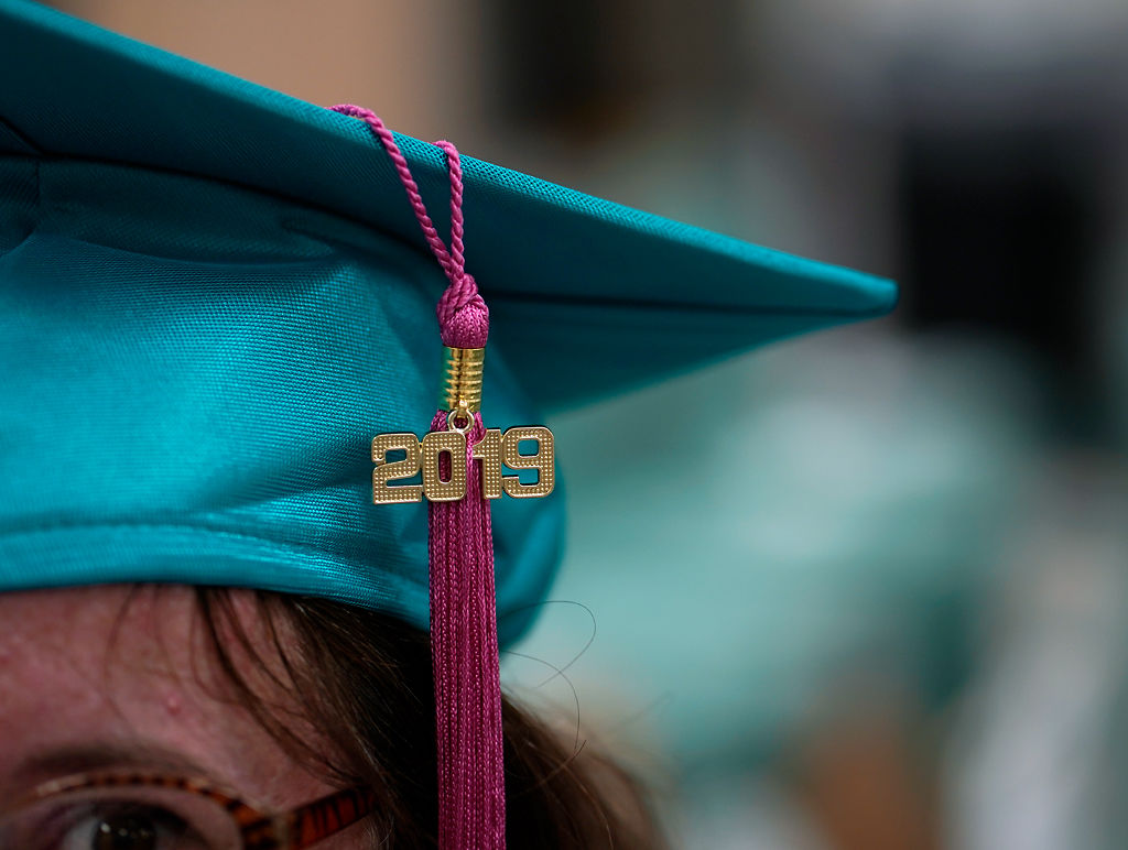 Mary Maserang wears her graduation cap at her commencement ceremony